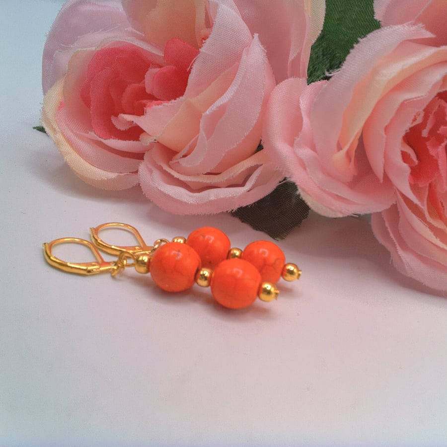 Orange and Gold Bead Earrings, Gift for Her, Orange Earrings, Beaded Earrings 