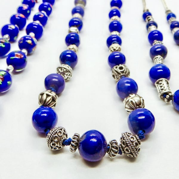 Lapis Lazuli Bead Necklace with Silver Spacers