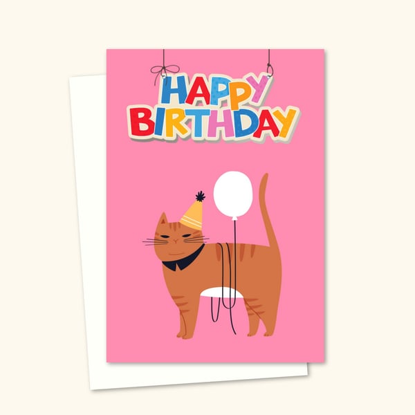 Party Cat Birthday Card for a Cat Lover - Blank Inside for Your Own Greetings