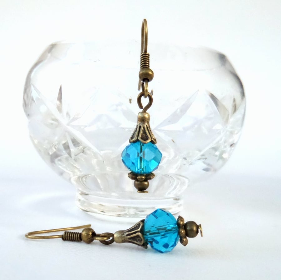 Handmade blue crystal bronze earrings - vintage style