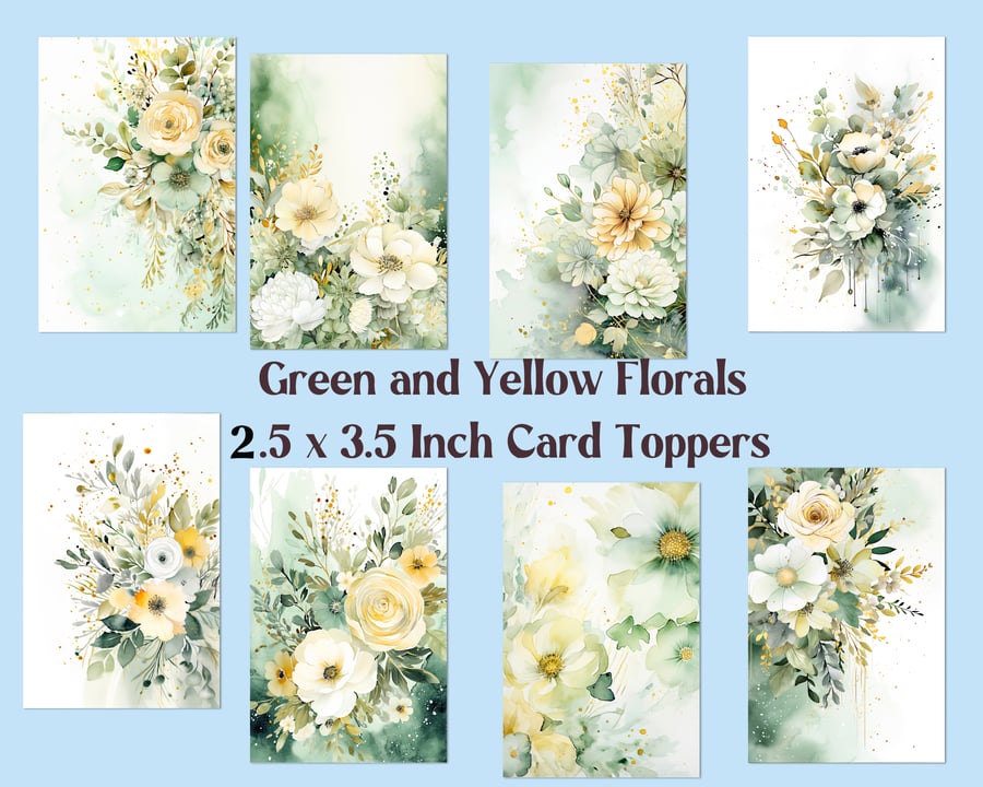 Green and Yellow Florals Set of 8 Aceo Size Card Toppers for Card Making