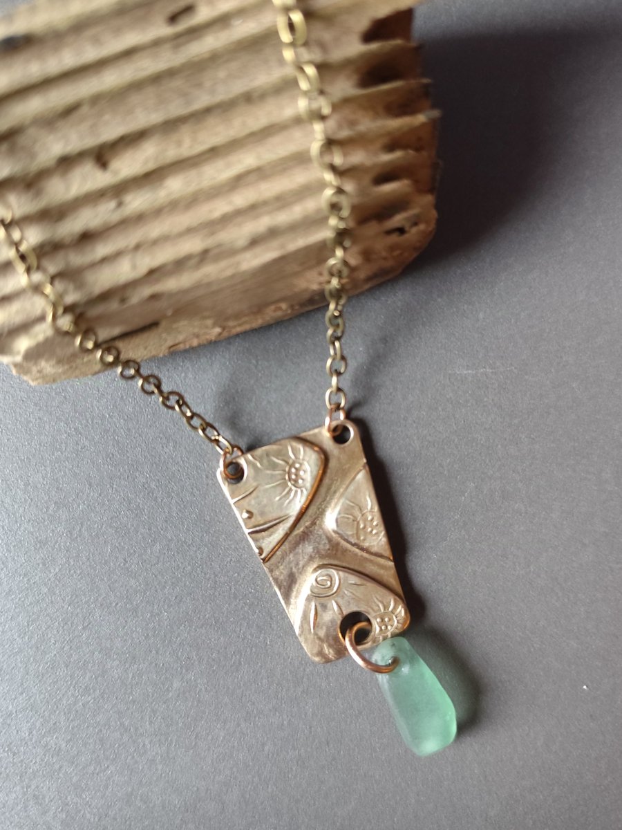 Bronze and seaglass pendant, unique, repurposed, seaglass