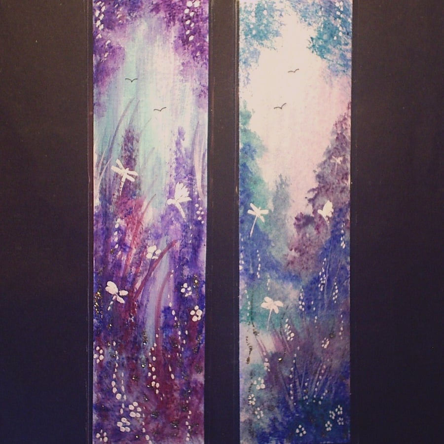 TWO hand painted bookmarks fantasy glitter fairies and butterflies 115
