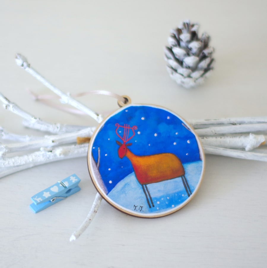 Christmas Tree Hanging Decoration with Deer Art Print, Rustic Christmas Ornament