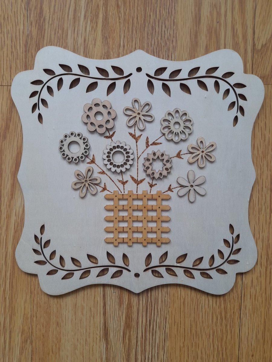 Handmade Wooden Flower Basket Wall Decor: Pyrography Art