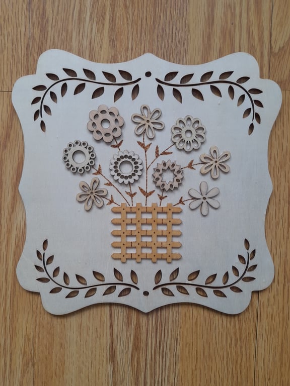 Handmade Wooden Flower Basket Wall Decor: Pyrography Art