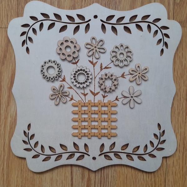 Handmade Wooden Flower Basket Wall Decor: Pyrography Art