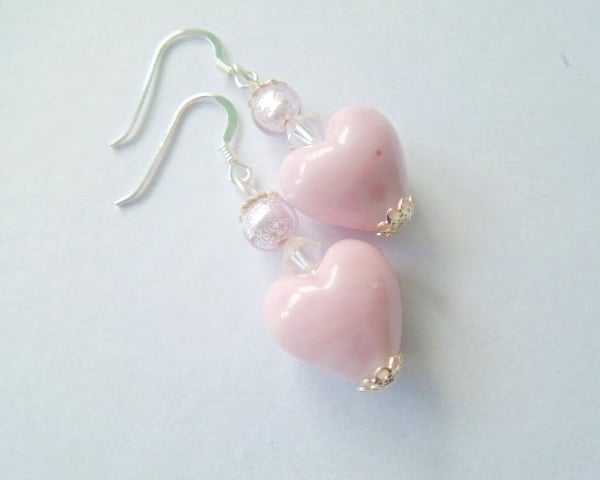 Murano glass pink and silver heart earrings with Swarovski and sterling silver.