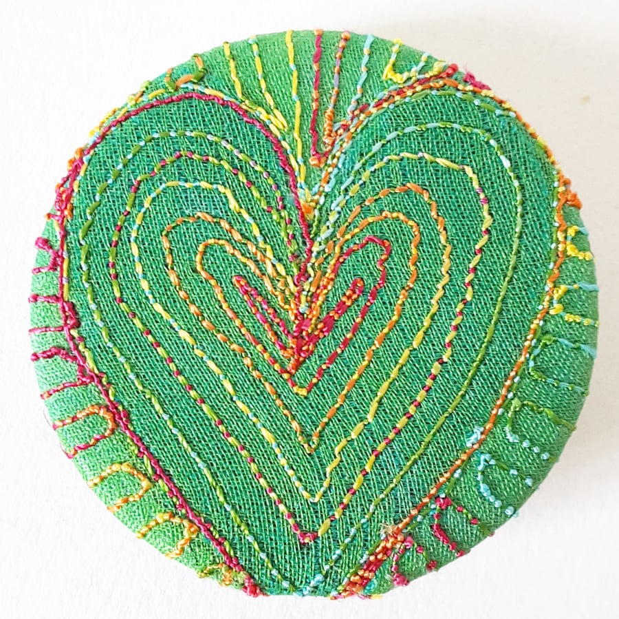 38mm Hand Dyed Fabric Heart Badge with Free Machine Embroidery 