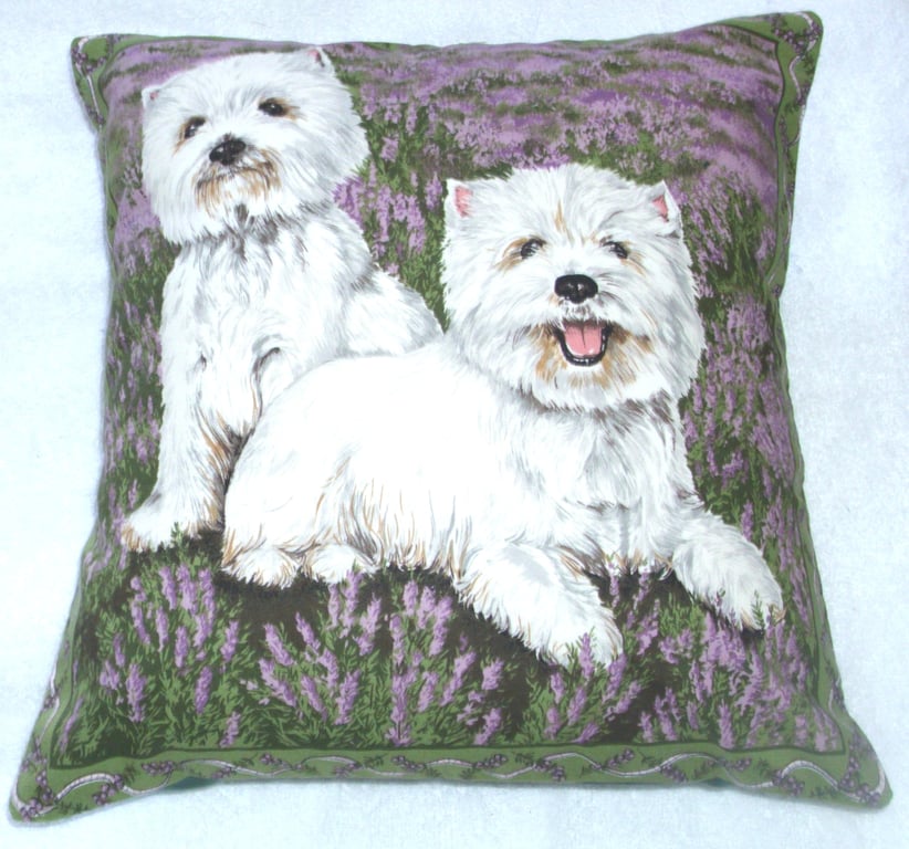 Two Westies side by side in the heather waiting for some fun cushion