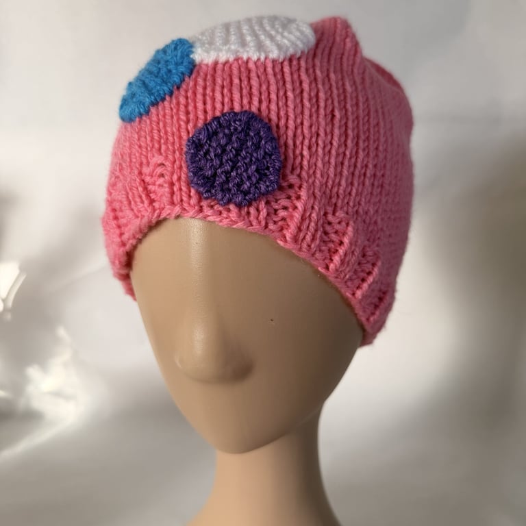 Hand Knitted Beanie Hat with Polka Dots