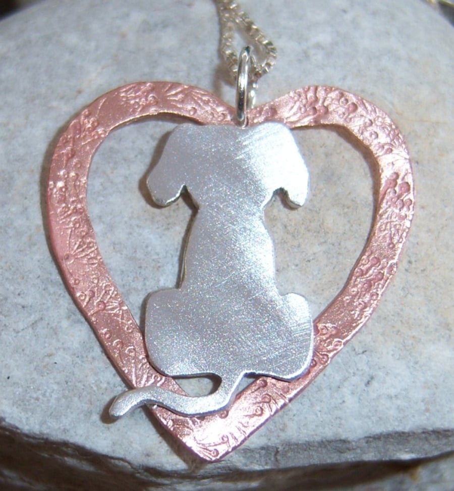 Silver Dog in Copper Heart Pendant
