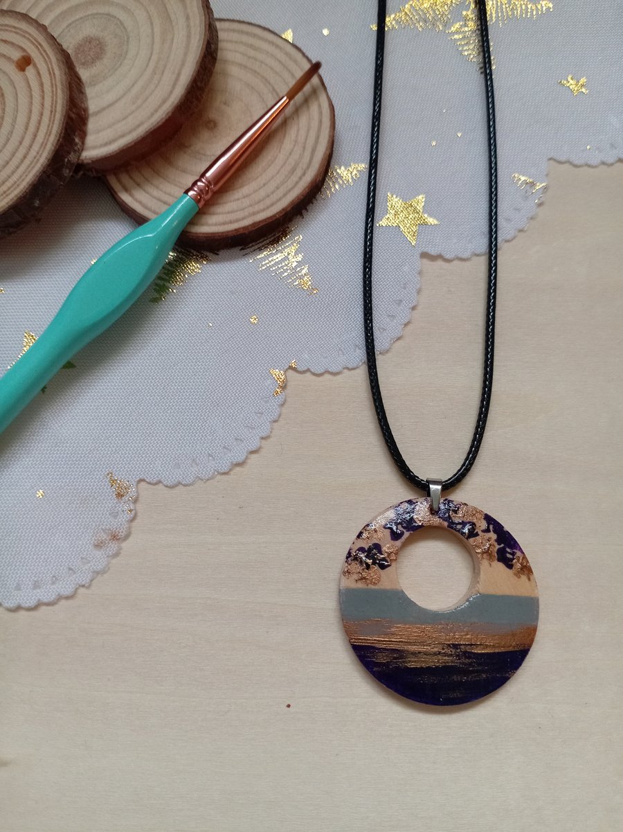 Purple and gold sunset style wooden necklace 