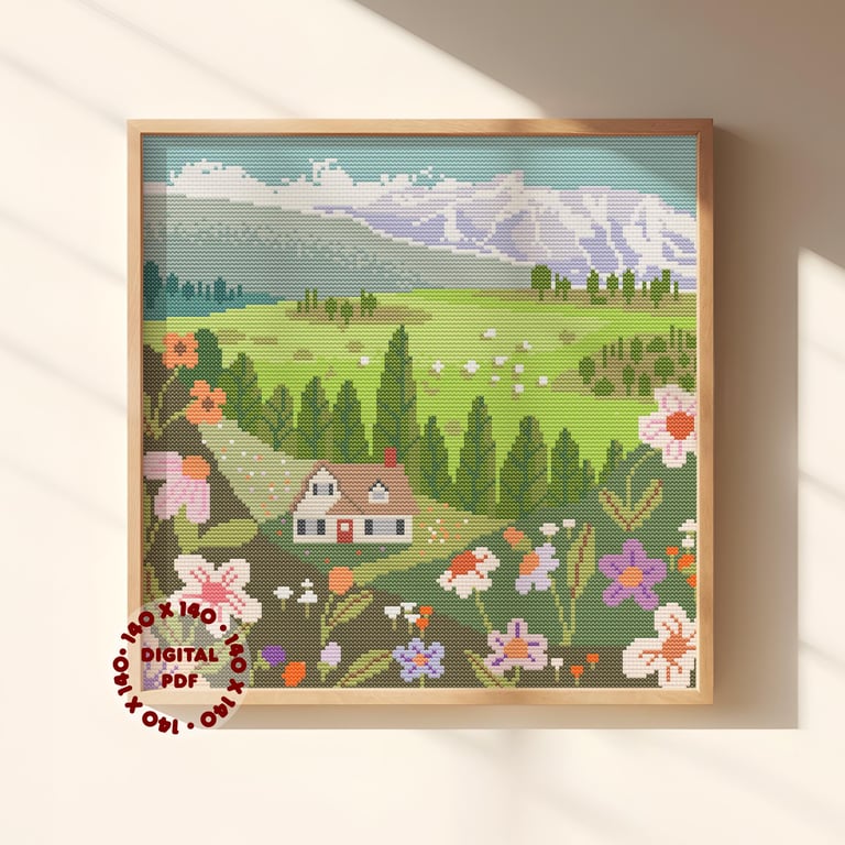 Countryside Cottage Cross Stitch Pattern (needlepoint compatible), Instant PDF