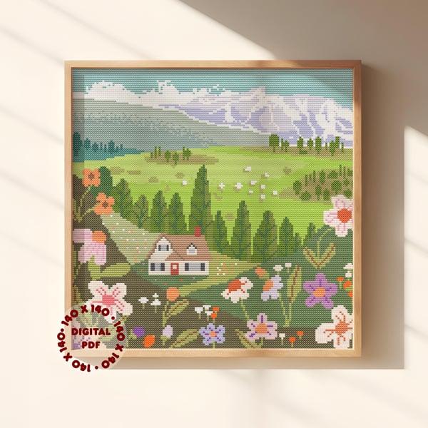 Countryside Cottage Cross Stitch Pattern (needlepoint compatible), Instant PDF