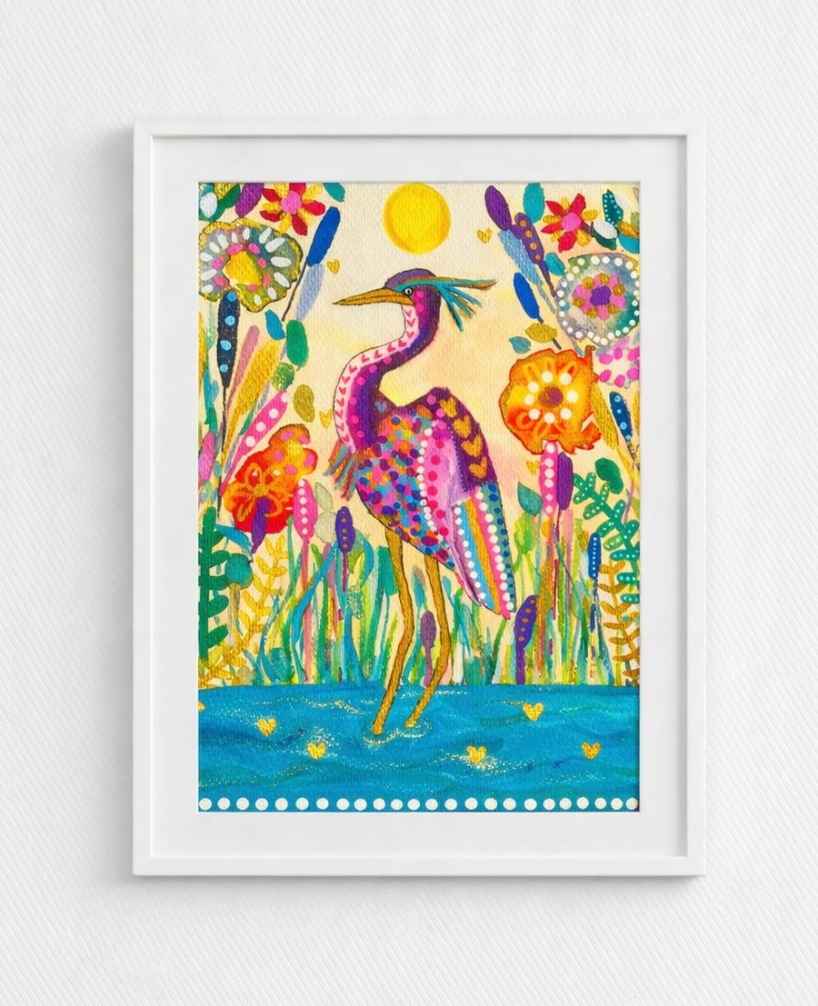 Tropical Crane and Flowers Original Art