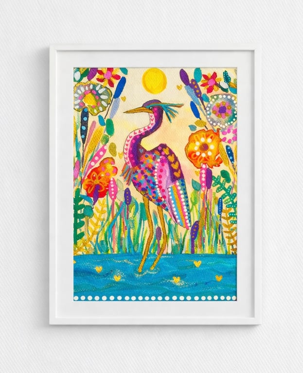 Tropical Crane and Flowers Original Art