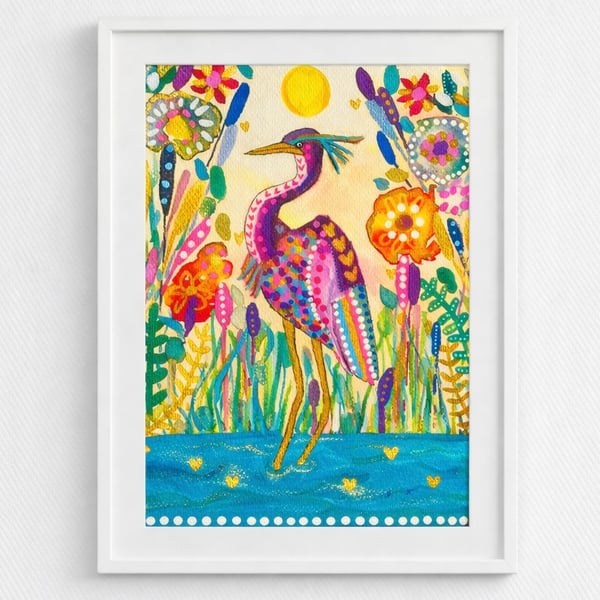 Tropical Crane and Flowers Original Art