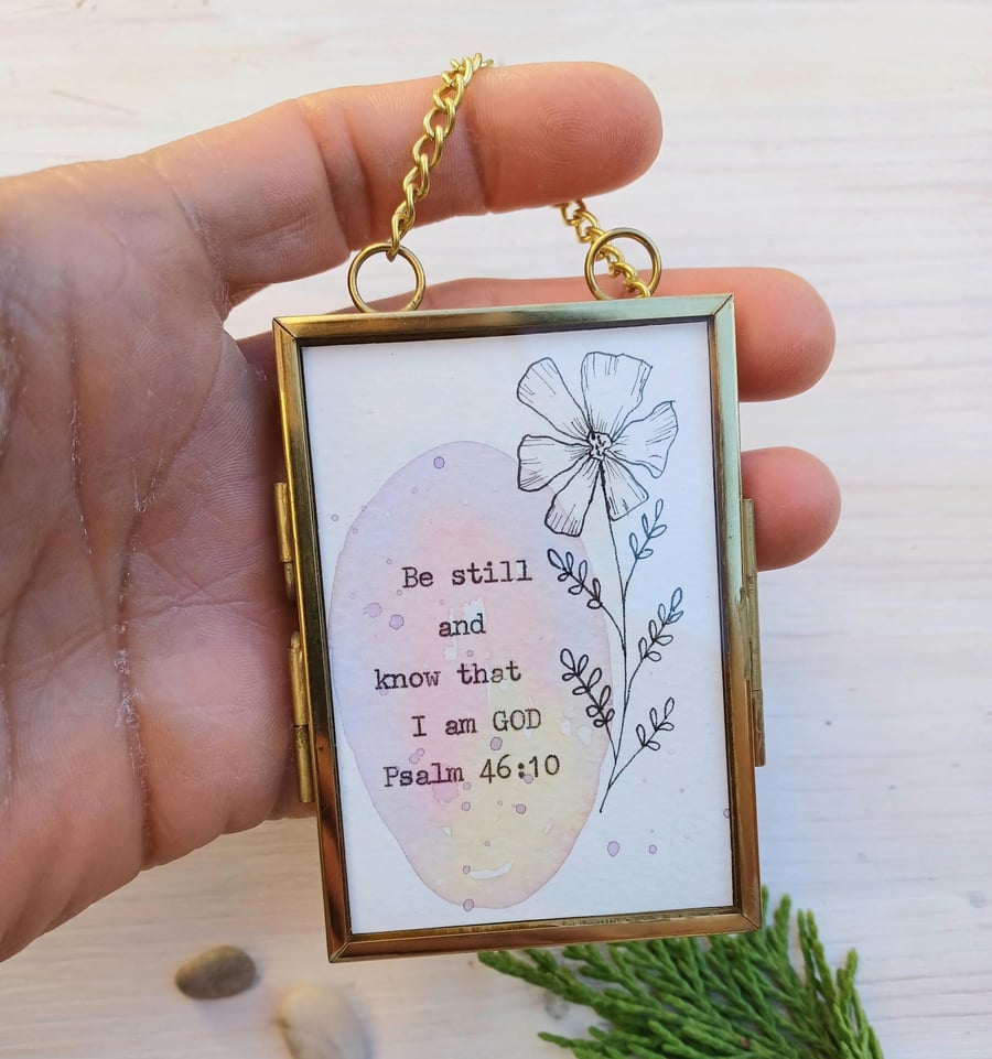 Be Still, Original Hand Painted Water Colour, Tiny Framed Bible Art Quote