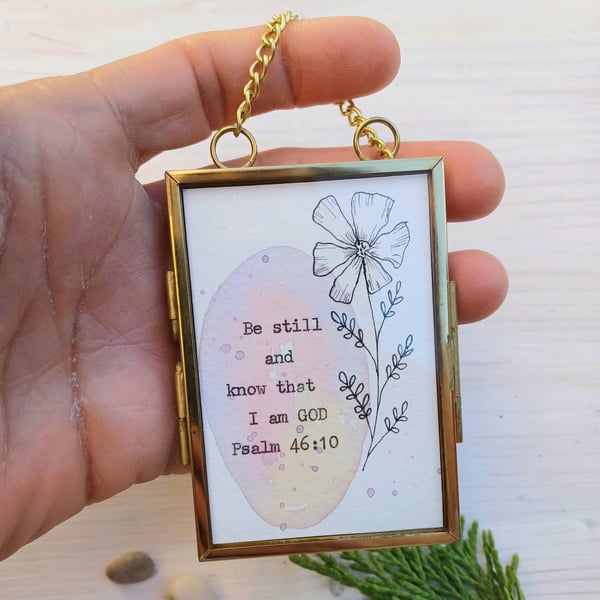 Be Still, Original Hand Painted Water Colour, Tiny Framed Bible Art Quote