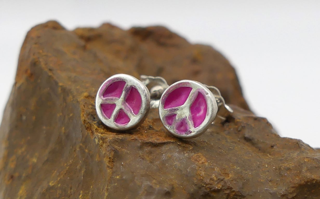 Recycled Sterling Silver Peace Sign Stud Earrings with Pink Patina.