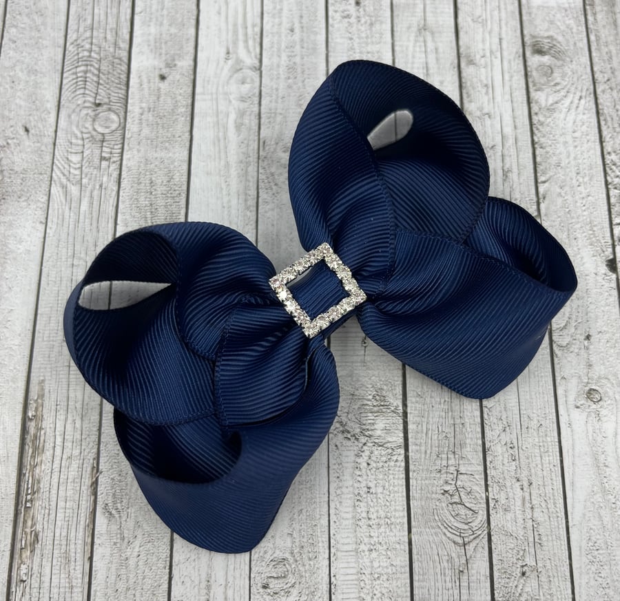 4 inch Navy Boutique Bow with Diamante Buckle