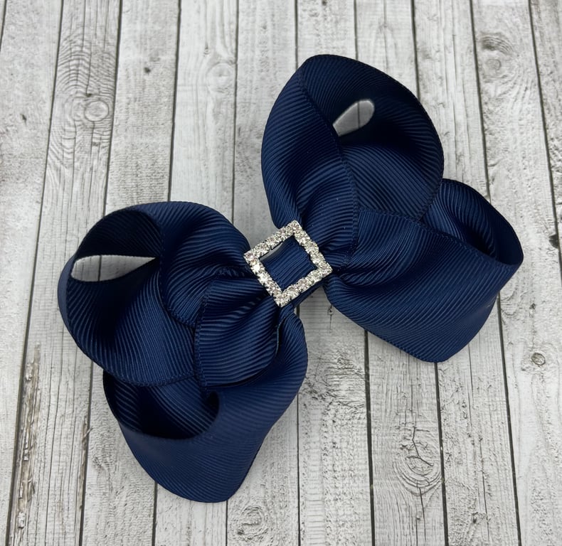 4 inch Navy Boutique Bow with Diamante Buckle
