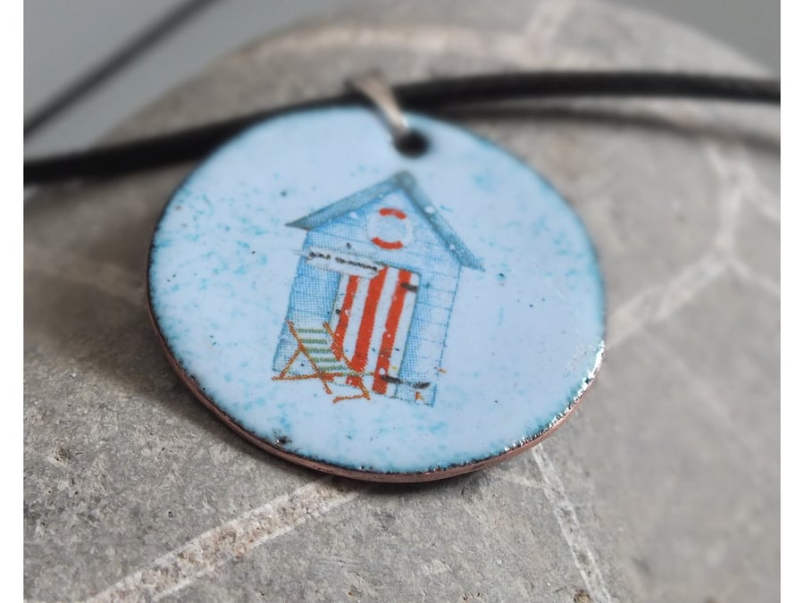 Pale blue beach house, enamel pendant
