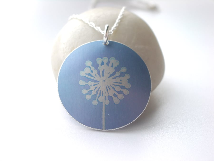 Dandelion necklace pendent in blue and silver