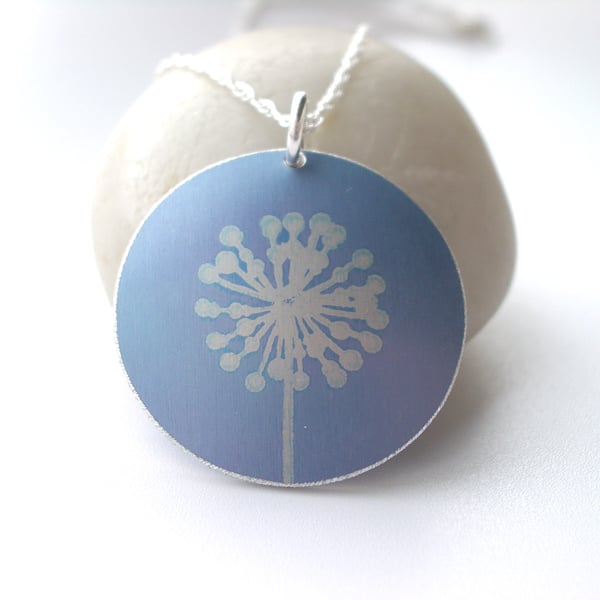 Dandelion necklace pendent in blue and silver