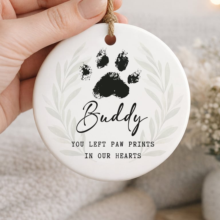 Personalised Pet Memorial Ornament – Paw Prints In Our Hearts Remembrance Gift