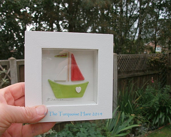 "Bobbing along"  Ceramic boat picture - rustic white frame