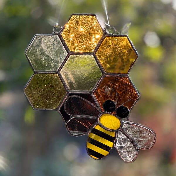 Stained Glass Honeycomb and Bee Suncatcher - Handmade Window Decoration - Amber