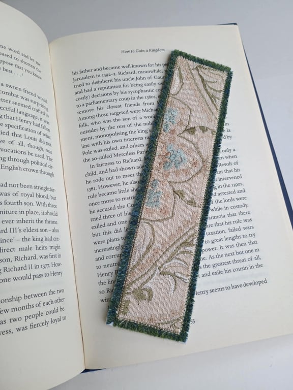 Textile bookmark - aqua green embroidered curtain, wool and velvet fabrics
