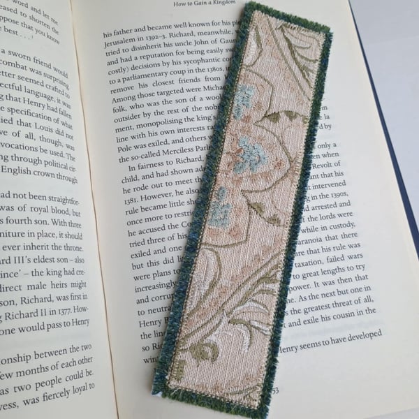 Textile bookmark - aqua green embroidered curtain, wool and velvet fabrics