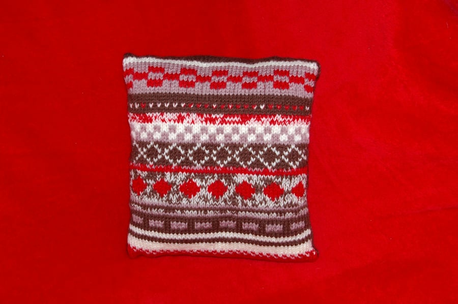 Cushion Small Hand Knitted in Browns, Red and Cream