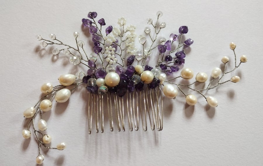 Bridal fresh water pearl and amethyst hair comb 
