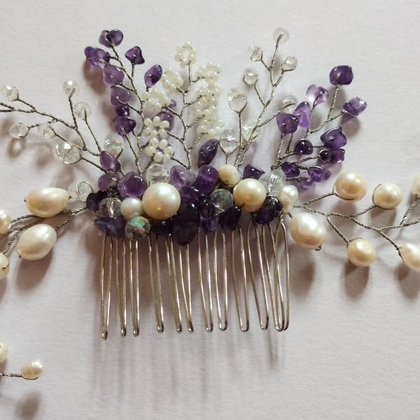 Bridal fresh water pearl and amethyst hair comb 