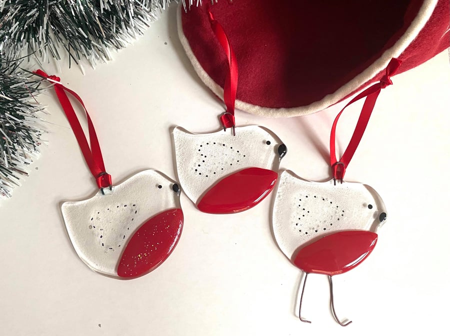 Fused Glass Clear Robin Christmas Hanging Decoration