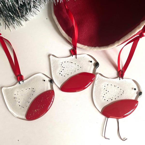 Fused Glass Clear Robin Christmas Hanging Decoration
