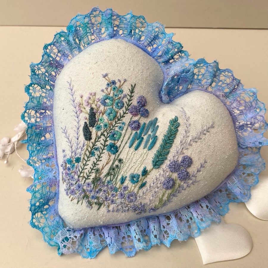 Hand embroidered heart, wall hanging heart, wedding gift ring pillow
