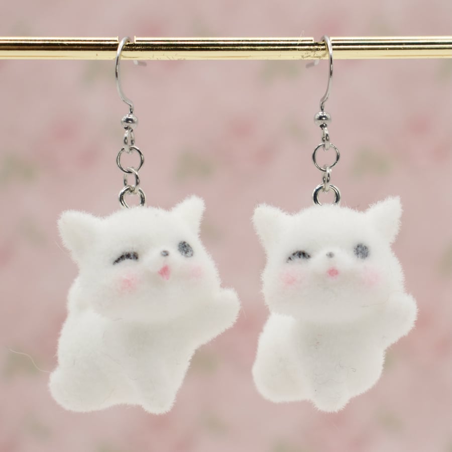 Fuzzy Cat Earrings, White, Stainless Steel