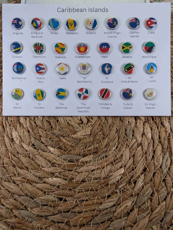 'Caribbean Islands' Flag Map Pins Set - 29 flag Map pins For Wood Map
