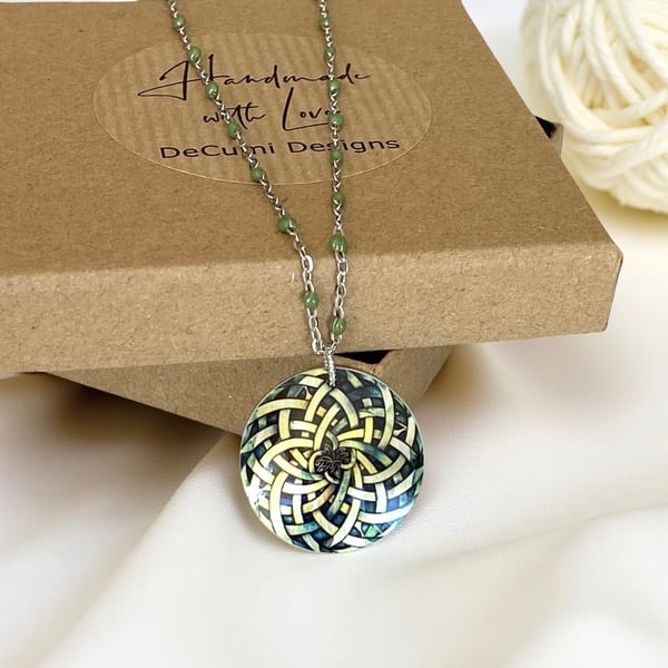 Celtic necklace, sage green 25mm round pendant, handmade jewellery (CP04)
