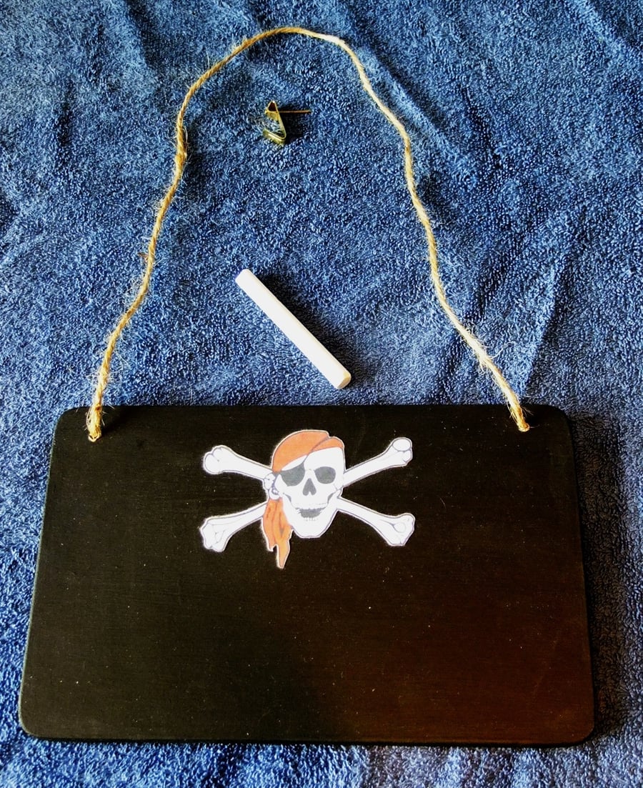 Pirate skull & crossbone chalkboard or message board with garden twine hanger