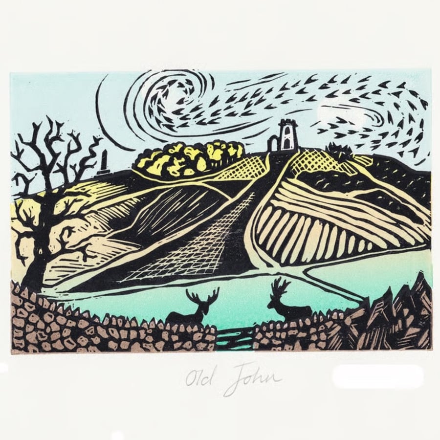 Old John, Bradgate Park Lino Print- Colour