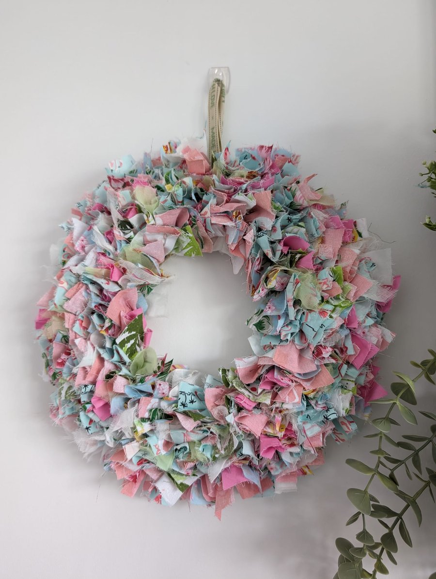 Pastel spring Rag Rug Fabric Wreath, handmade