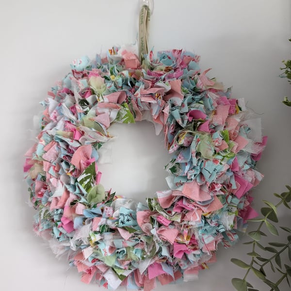 Pastel spring Rag Rug Fabric Wreath, handmade