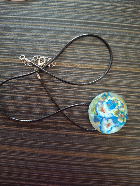 HANDMADE Necklace Blue, Flowers Polymer clay Glass