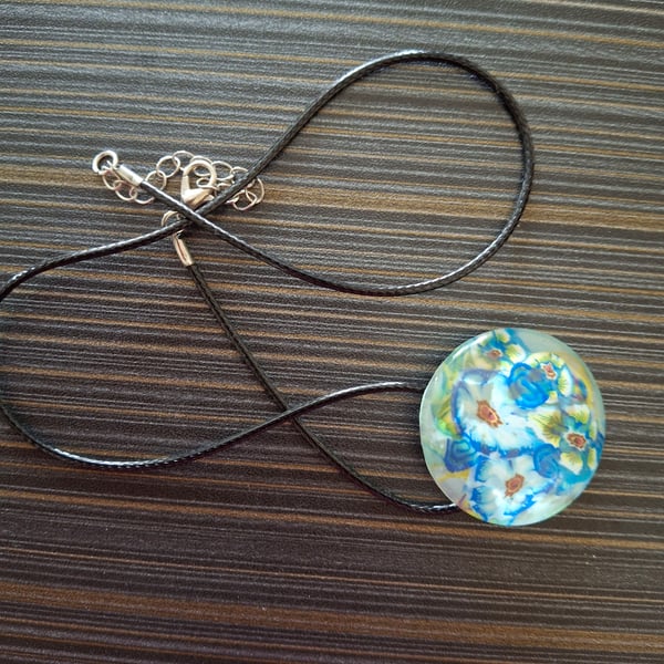 HANDMADE Necklace Blue, Flowers Polymer clay Glass